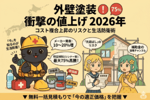 2026年の外壁塗装値上げに関するアイキャッチ画像。ヘルメットを被った猫と女子生徒が、メーカー発表の10-20%増や特定材料の最大75%高騰などのリスクを説明し、無料見積もりを勧めている。日本地図と家屋が描かれている。