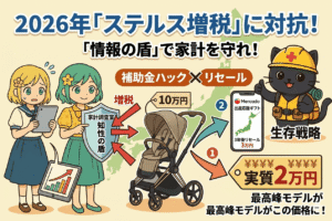 2026年のステルス増税対策を解説するアイキャッチ画像。左側で不安がる女の子と、家計調査室の「知性の盾」で増税を阻止する女の子。中央には10万円の高級ベビーカーが補助金とリセール（売却）によって「実質2万円」になる仕組みが図解され、右側ではヘルメットを被った黒猫（クロマル）が「生存戦略」として推奨しているイラスト。