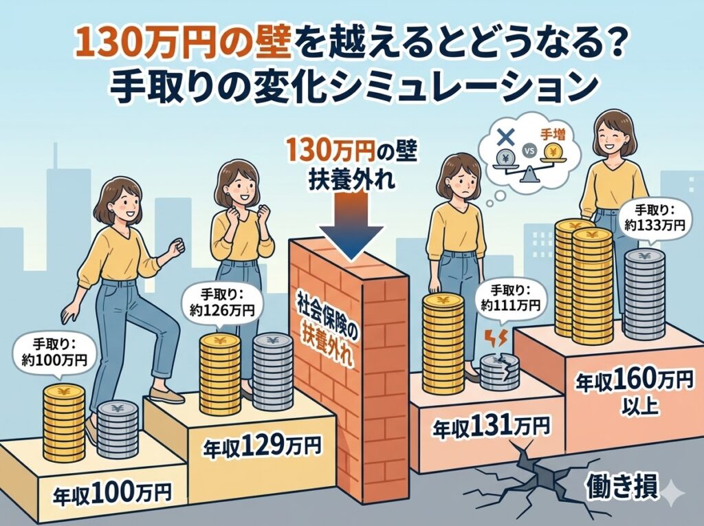 階段を上るパート主婦と、130万円の壁を越えた瞬間に社会保険料の負担で手取りが減る「働き損」を視覚化したイラスト