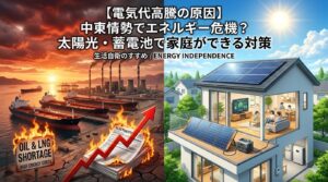 中東情勢によるエネルギー危機で高騰する電気代と、太陽光パネル・ポータブル電源を活用して生活防衛をする住宅の対比