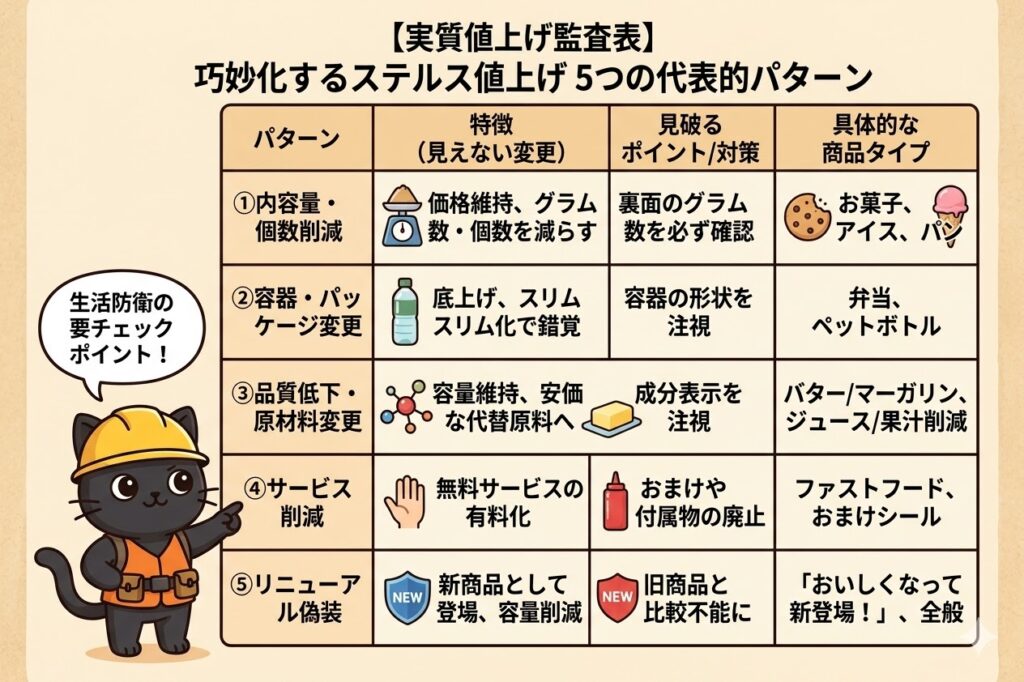 【実質値上げ監査表】巧妙化するステルス値上げ 5つの代表的パターンを整理した図解。内容量削減、容器変更、品質低下、サービス削減、リニューアル偽装の5つのパターンと、それぞれの特徴、見破るポイント/対策、具体的な商品タイプを清潔なイラスト表で示している。表の左側にはimage_1.pngの防災猫（ヘルメット、救急箱）が「生活防衛の要チェックポイント！」と指し示している。暖色系のクリーム色を基調とし、清潔感のあるインフォグラフィックス風。