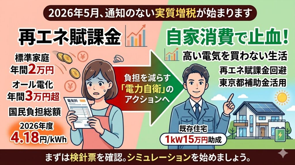 ブログ記事の内容を要約した説明用画像。左側（赤）には2026年の再エネ賦課金増税（4.18円/kWh、標準家庭で年2万円、オール電化で年3万円超の負担）と、それに戸惑う女性が描かれている。中央の矢印は「負担を減らす「電力自衛」のアクションへ」と続き、右側（緑）にはインフラ会社社員が勧める「自家消費で止血」という解決策が描かれている。解決策として、太陽光と蓄電池を活用した「高い電気を買わない生活」と、東京都補助金（既存住宅1kW15万円助成）の活用が示されている。下部には「まずは検針票を確認。シミュレーションを始めましょう。」という呼びかけ。