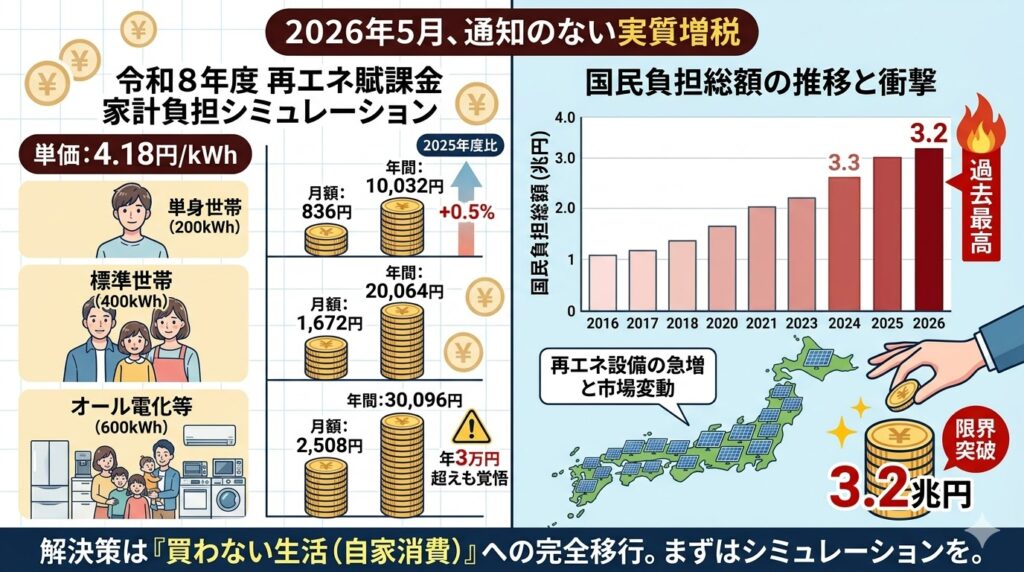 2026年の再エネ賦課金増税の影響を視覚化した表とグラフの画像。左側の「家計負担シミュレーション」表では、単価4.18円/kWhに基づき、単身世帯（月836円、年10,032円）、標準世帯（月1,672円、年20,064円）、オール電化世帯（月2,508円、年30,096円）それぞれの負担額を、2025年度比の増加率とともに示している。右側の「国民負担総額の推移と衝撃」グラフでは、2016年から2026年までの総額推移を示し、2026年が3.2兆円で過去最高であることを赤色の棒と炎のアイコンで強調している。グラフ下部には「再エネ設備の急増と市場変動」により「限界突破」した3.2兆円を示すイラストがある。下部には解決策としての自家消費への移行を促すテキスト。