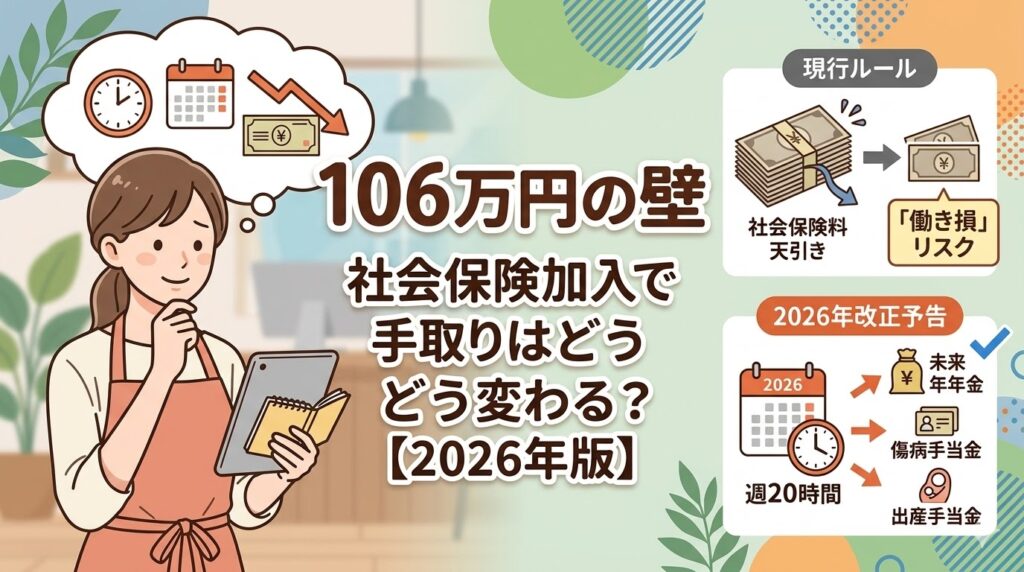106万円の壁で悩むパート女性と、社会保険加入による手取りの天引き・保障充実を対比させたアイキャッチ。2026年からは「週20時間」基準に。