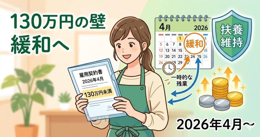 笑顔で雇用契約書を確認するパートスタッフの女性と、2026年4月のカレンダー、輝くコインのイラスト