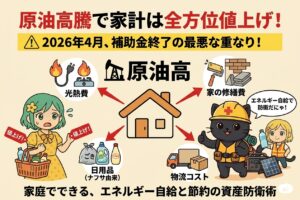 原油高騰による全方位的な家計への影響と、2026年4月の補助金終了を警告するアイキャッチ画像。中央の家を囲むように、光熱費、日用品、物流、住宅修繕費への値上げの波及が図解され、対策としてソーラーパネルとポータブル電源を持つ防災猫が描かれている。