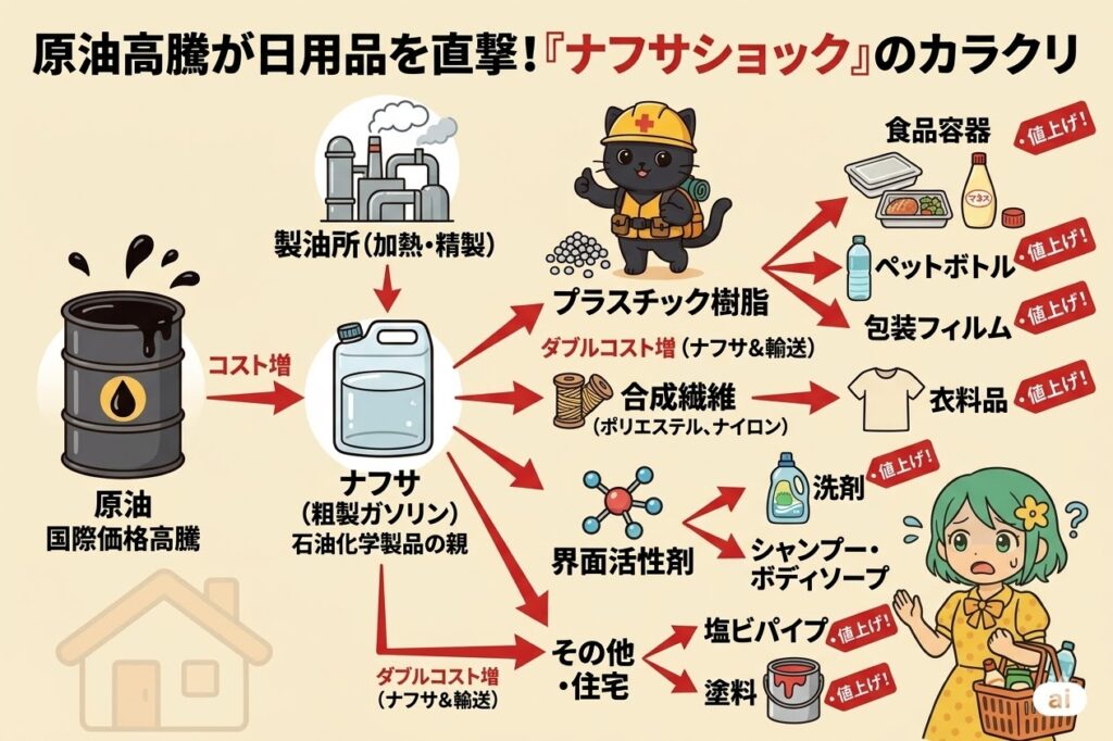 原油から抽出される「ナフサ」が、プラスチック容器、衣料用合成繊維、洗剤の界面活性剤、住宅建材へと加工され、あらゆる日用品が値上がりする仕組み（ナフサショック）を解説したフローチャート。各工程に「値上げ！」のラベルが貼られ、原油高の影響範囲を視覚化した図解。