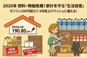 「2026年 燃料・物価危機！家計を守る『生活自衛』」というタイトルが書かれたブログのアイキャッチ画像。左側には値上げされた食品や、190.80円という高値が表示されたガソリンスタンドのような建物があり、右側には長期保存水やカセットコンロ、簡易トイレなどの備蓄品が並ぶ棚があります。そこへ、画像0.pngに登場した髪の短い女性と子供、そして画像1.pngの黒猫がやってきて、協力して備蓄を始めている様子が描かれたイラスト。