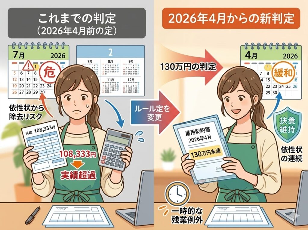 「これまでの実績重視の判定（左）と、2026年4月からの契約重視の新判定（右）を比較するイラスト。左は月給明細と焦る女性、右は契約書と笑顔の女性が描かれている。」
キャプション: 新旧判定ルールの違い。実績重視から契約内容重視へ移行し、一時的な超過が容認されます。