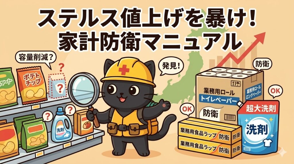 「ステルス値上げを暴け！家計防衛マニュアル」というタイトルが入ったアイキャッチ画像。黄色いヘルメットを被った黒猫のキャラクターが、スーパーの棚で虫眼鏡を使い「容量削減」の罠を探している。右側には防衛策として、段ボール箱に入った「業務用トイレットペーパー」や「業務用食品ラップ」、超特大サイズの「洗剤」が山積みになっており、日本地図を背景に生活防衛の重要性を強調しているデザイン。