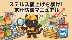 「ステルス値上げを暴け！家計防衛マニュアル」というタイトルが入ったアイキャッチ画像。黄色いヘルメットを被った黒猫のキャラクターが、スーパーの棚で虫眼鏡を使い「容量削減」の罠を探している。右側には防衛策として、段ボール箱に入った「業務用トイレットペーパー」や「業務用食品ラップ」、超特大サイズの「洗剤」が山積みになっており、日本地図を背景に生活防衛の重要性を強調しているデザイン。