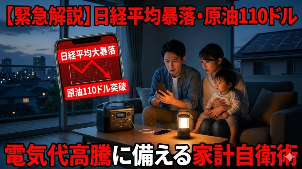 日経平均株価暴落と原油高騰のニュースを見て不安になる日本の家族。薄暗いリビングでポータブル電源と太陽光パネルを活用し、電気代高騰とブラックアウトに備える自衛策のイメージ。