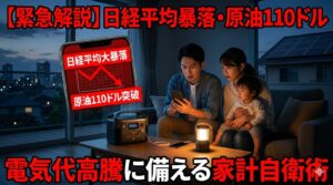 日経平均株価暴落と原油高騰のニュースを見て不安になる日本の家族。薄暗いリビングでポータブル電源と太陽光パネルを活用し、電気代高騰とブラックアウトに備える自衛策のイメージ。