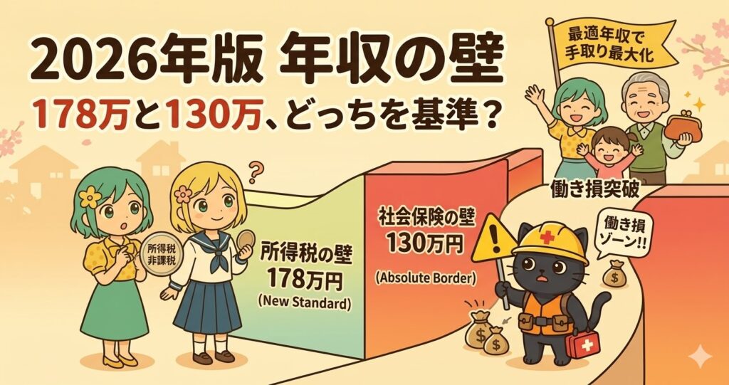2026年版「年収の壁」比較イラスト。所得税の178万円と社会保険の130万円の境界線、働き損ゾーンを警告する黒猫と悩む女性たち。