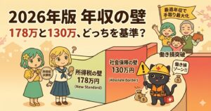 2026年版「年収の壁」比較イラスト。所得税の178万円と社会保険の130万円の境界線、働き損ゾーンを警告する黒猫と悩む女性たち。