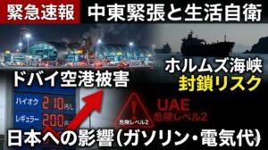 イラン報復攻撃によるドバイ空港の被害と、ホルムズ海峡のタンカー、日本のガソリンスタンド価格高騰（ハイオク210円/L）を統合した緊迫感のある複合イメージ。日本のインフラ危機を象徴しています 。