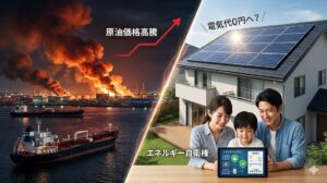 中東の危機と日本の太陽光自衛を対比したアイキャッチ画像