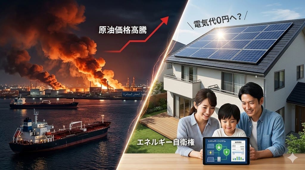 中東の危機と日本の太陽光自衛を対比したアイキャッチ画像