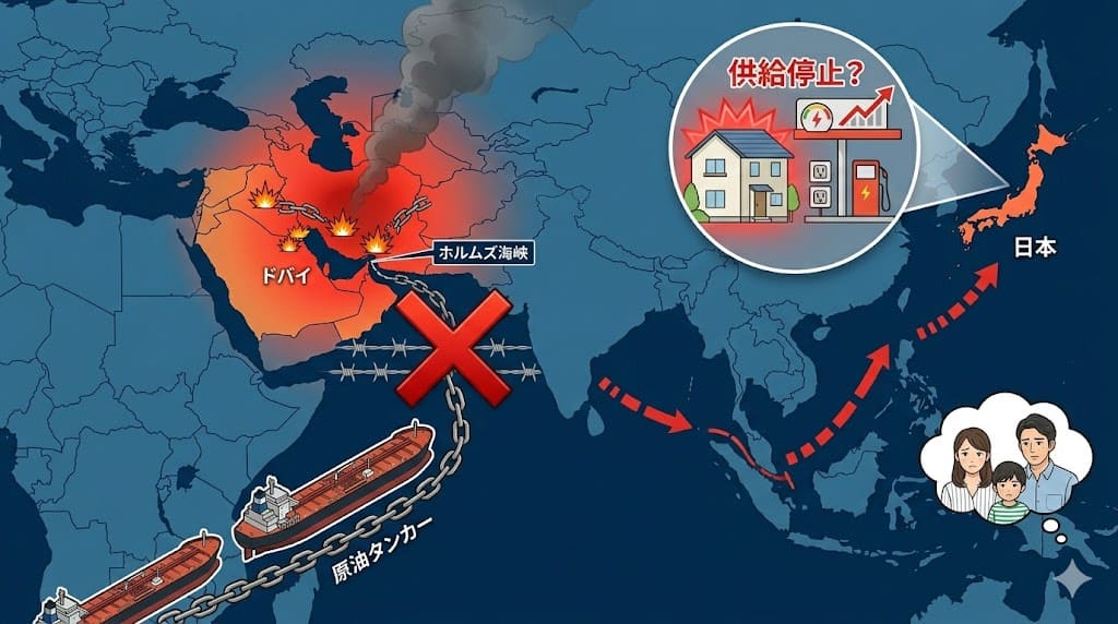ホルムズ海峡封鎖による日本のエネルギー供給網遮断のリスクを可視化した地図