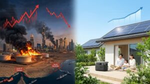 中東の原油危機と、太陽光発電で自衛する日本の家庭の対比図。