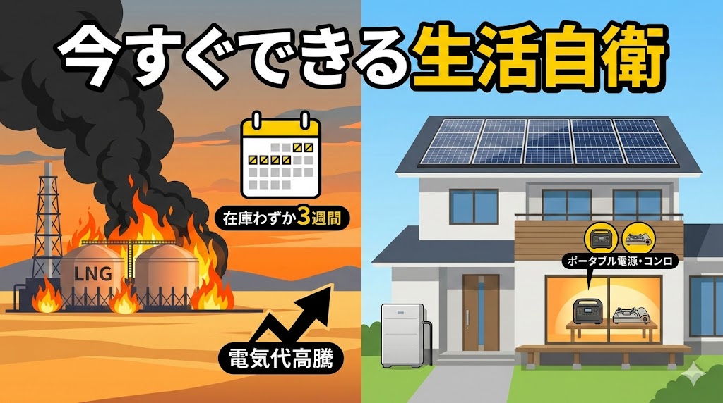 炎上する中東のLNG施設と、太陽光パネルや蓄電池でエネルギー自立を図る日本の住宅を比較した画像。「今すぐできる生活自衛」「在庫わずか3週間」「電気代高騰」という文字が含まれ、供給リスクと家庭の備えを視覚的に表現しています 。