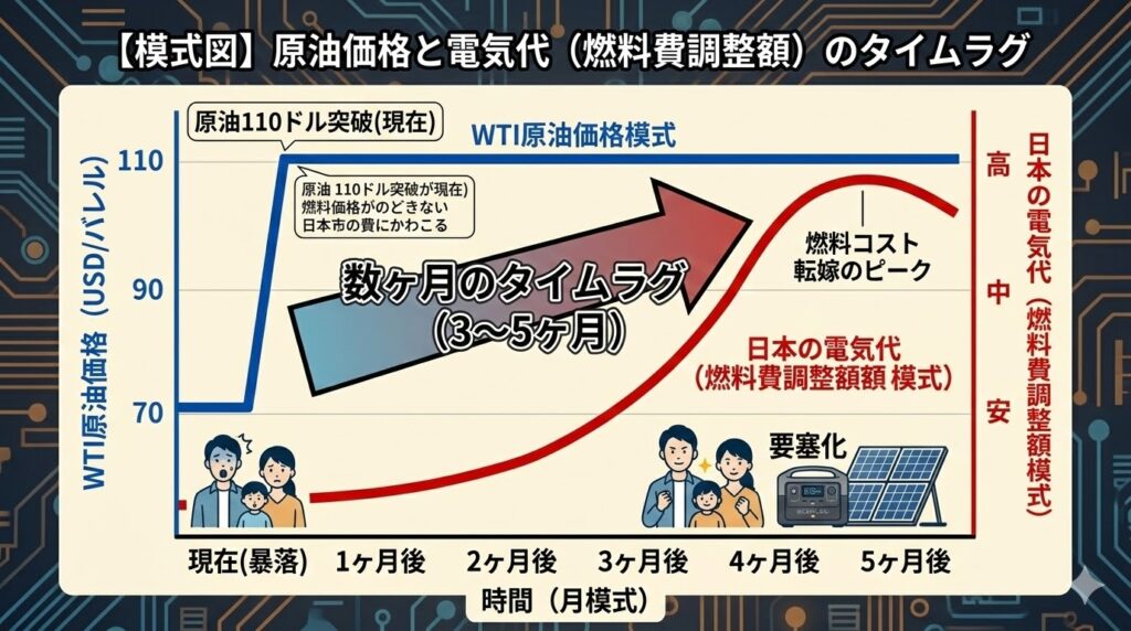 【模式図】WTI原油価格急騰（青線）と日本の電気代（燃料費調整額模式、赤線）のタイムラグ。原油110ドル突破の「現在」から、3〜5ヶ月後に電気代がピークに達する様子と、その間にポータブル電源や太陽光パネルで対策（要塞化）を完了すべきであることを模式的に示すグラフ。