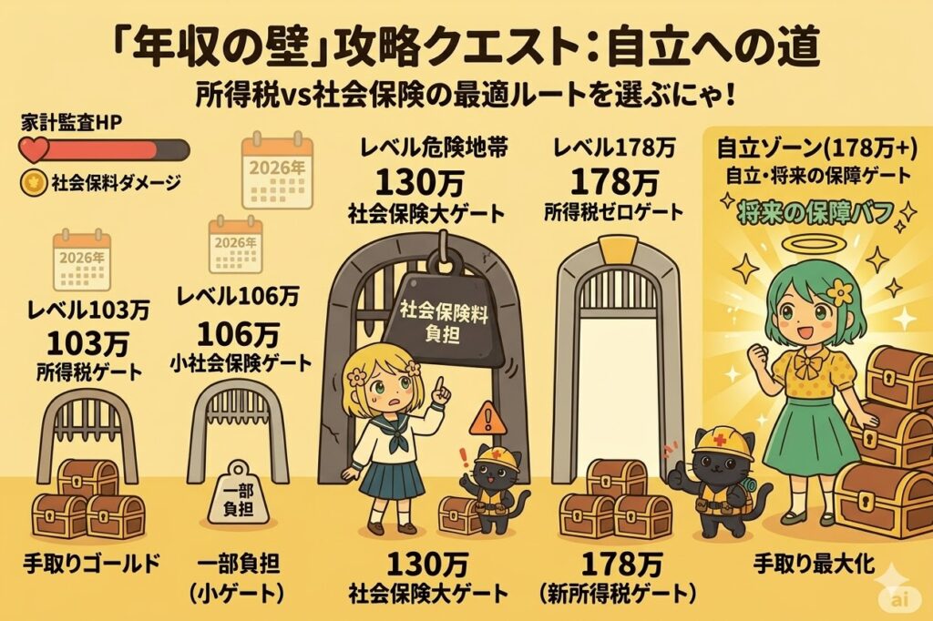 2026年版「年収の壁」を攻略クエストに見立てたゲーム風の図。130万円の大きな壁を越える際の負担と、178万円以上の自立ゾーンでの将来の保障バフを、キャラクターとアイコンで視覚化。
