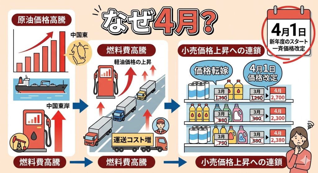 燃料価格上昇が生活必需品価格に影響する仕組みを、原油、運送、小売の3段階で表したインフォグラフィック。左側に原油価格高騰と中東のタンカー、中央に燃料費上昇を伴うトラック運送、右側に4月の新年度に価格が上がるスーパーの棚を描写。赤い矢印でコストが転嫁されていく連鎖を視覚的に説明している。