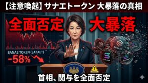 記者会見の表彰台で、架空の日本の女性政治家が手を前に出し、サナエトークン（SANAE TOKEN）の暴落チャートと砕け散るコインを背景に、関与を全面否定するアイキャッチ画像。注意喚起のテキストあり。