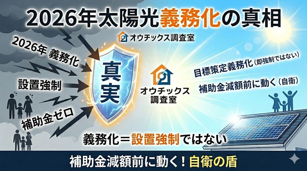 2026年太陽光設置目標策定義務化の解説。暗雲から届く「設置強制」などの誤解を「真実の盾」が防ぎ、晴天の下に太陽光パネルがある屋根が広がるイメージ画像。