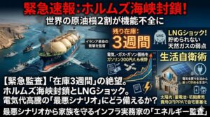 ホルムズ海峡封鎖とカタールLNG停止による電気代高騰の最悪シナリオと、太陽光・蓄電池を活用したエネルギー自衛術のイメージ