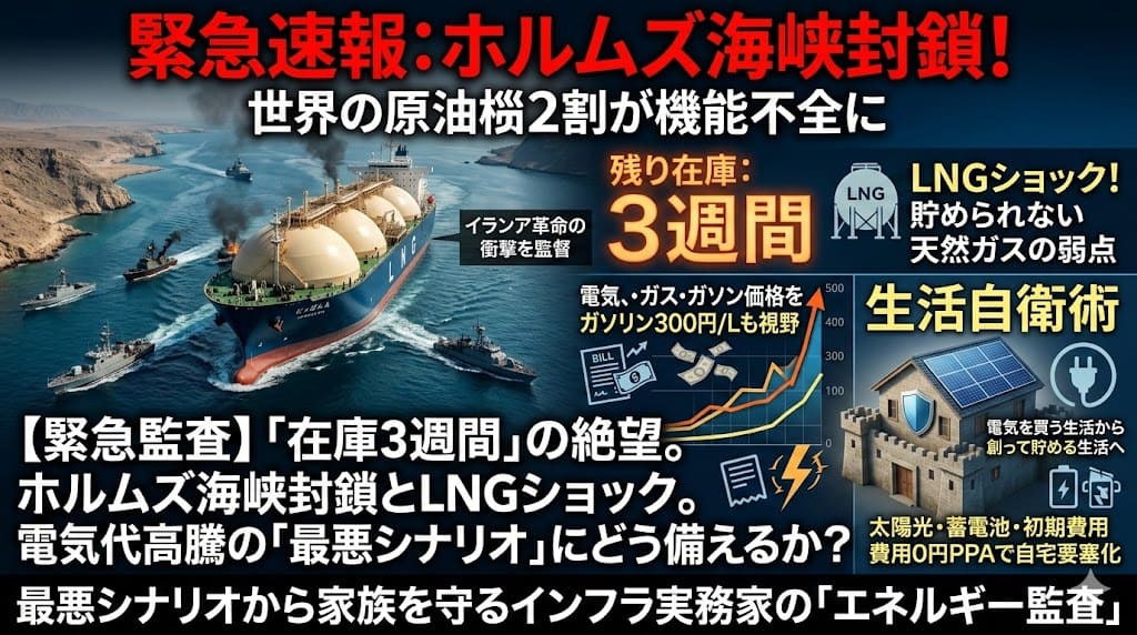 ホルムズ海峡封鎖とカタールLNG停止による電気代高騰の最悪シナリオと、太陽光・蓄電池を活用したエネルギー自衛術のイメージ