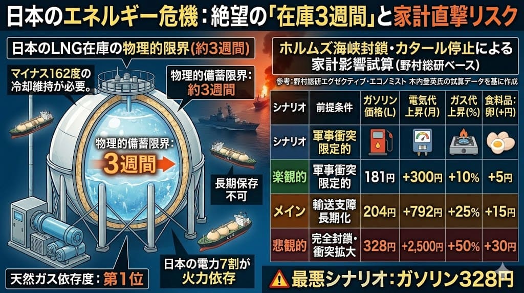 マイナス162度で冷却維持が必要なLNG（液化天然ガス）の特殊タンクと、日本の備蓄が約3週間分しかない物理的限界を図解