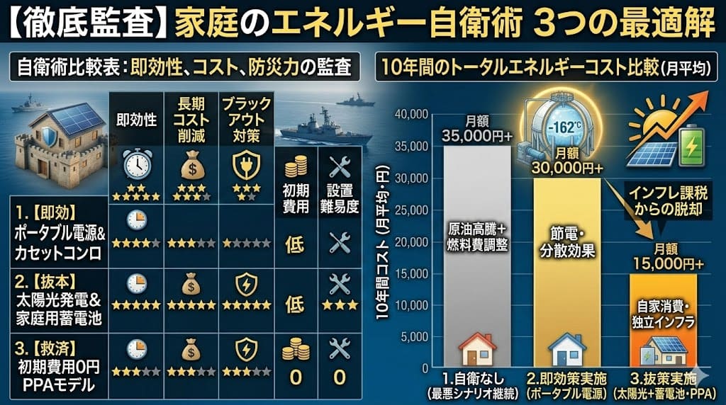 野村総合研究所の試算に基づく、ホルムズ海峡封鎖時のガソリン価格・電気代・ガス代・食料品高騰の3つのシナリオ比較表