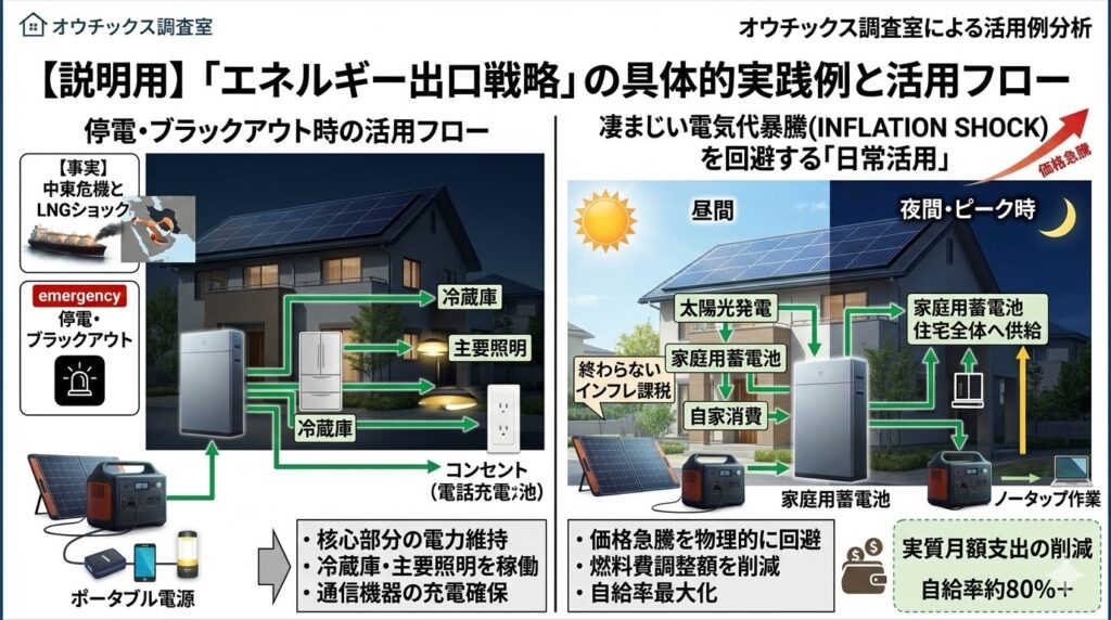 停電・ブラックアウト時のポータブル電源活用フローと、電気代高騰を回避する太陽光発電および家庭用蓄電池の日常活用フロー図