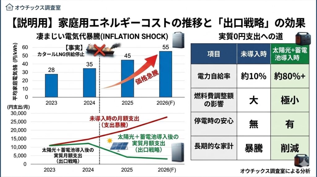 カタールLNG供給停止に伴う電気代暴騰の推移予測グラフと、太陽光・蓄電池導入によるインフレ回避・コスト削減効果の比較表