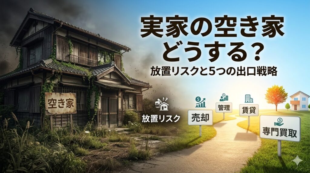 実家の空き家をどうするか悩む人向けに、放置リスク（左側の朽ちた家）と、売却・管理・賃貸・専門買取といった5つの出口戦略（右側の明るい未来）を対比させたアイキャッチ画像。