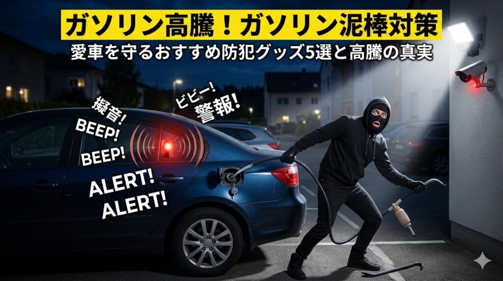 夜の駐車場で、車の給油口からガソリンを盗もうとしている黒ずくめの泥棒が、大音量のアラーム音とセンサーライト、防犯カメラに驚いて逃げ出そうとしている様子。上部には「ガソリン高騰！ガソリン泥棒対策」の文字。