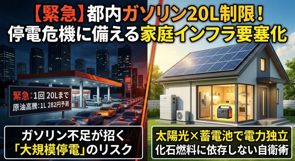 都内ガソリン購入制限から停電ドミノへ。ブラックアウトした東京で、屋根の太陽光パネルとベランダのポータブル電源に守られた明るい家のアイキャッチ画像。