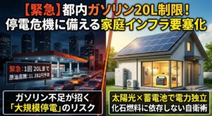 都内ガソリン購入制限から停電ドミノへ。ブラックアウトした東京で、屋根の太陽光パネルとベランダのポータブル電源に守られた明るい家のアイキャッチ画像。