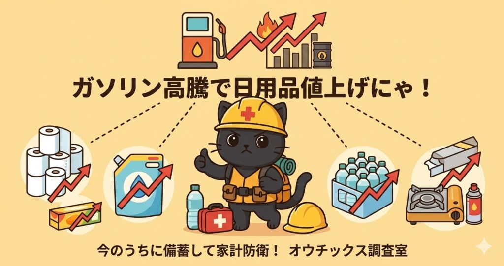 防災装備の黒猫がガソリン高騰と日用品値上げの関連を伝え、トイレットペーパーや洗剤など備蓄推奨品を並べたアイキャッチ画像。