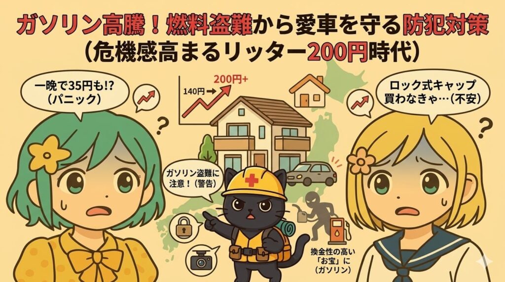 ブログ記事のアイキャッチ画像。2026年の家計圧迫をテーマに、緑髪と金髪の女性キャラクターが、スーパーで容量が減ったスナック菓子とペットボトル飲料に気づき、驚きと困惑の表情を浮かべている。背景には家、日本の地図、円安、原油高、物流コストの矢印が抽象的なアイコンとして描かれ、見えない値上げ（ステルス値上げ）の脅威を表現している。