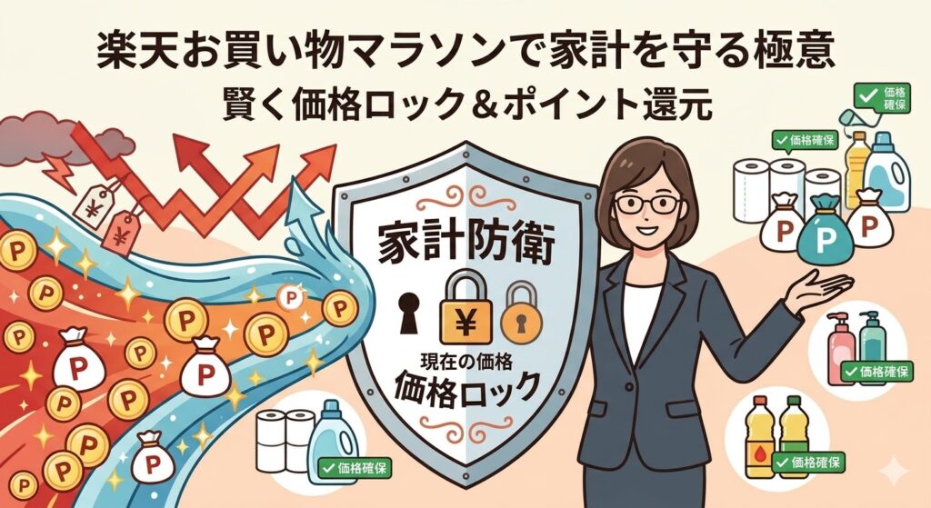 楽天お買い物マラソンで家計を守る極意を示すインフォグラフィックス風のデジタルイラスト。女性家計アドバイザー（眼鏡、清潔な服）が大きな盾（「家計防衛」「価格ロック」の文字、鍵のかかった「現在の価格」のアイコン）を持ち、これから来る赤い「値上げの波」（矢印、高い価格のアイコン）を弾いている。盾の後ろから、大量の「P」マークの楽天ポイントが飛び出し、女性がそれを指差す。盾の前と女性の周りに、日用品（トイレットペーパー、洗剤、食用油、シャンプー）のアイコン（緑の「価格確保」タグ付き）が並ぶ。上部に「楽天お買い物マラソンで家計を守る極意」と「賢く価格ロック＆ポイント還元」の簡潔なテキスト。