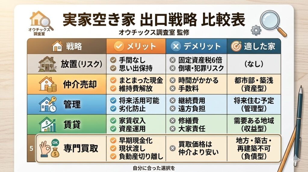 立地(都市部か地方か)と建物の状態(良好か築古・再建築不可か)を軸に、実家の空き家を「資産型」「収益型」「管理型」「負債型」の4タイプに分類し、仲介売却や専門買取などの最適な解決策がわかる診断マトリクス図。