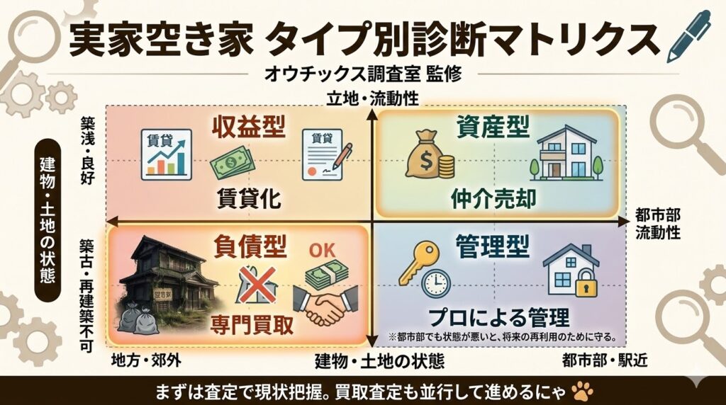 立地(都市部か地方か)と建物の状態(良好か築古・再建築不可か)を軸に、実家の空き家を「資産型」「収益型」「管理型」「負債型」の4タイプに分類し、仲介売却や専門買取などの最適な解決策がわかる診断マトリクス図。
