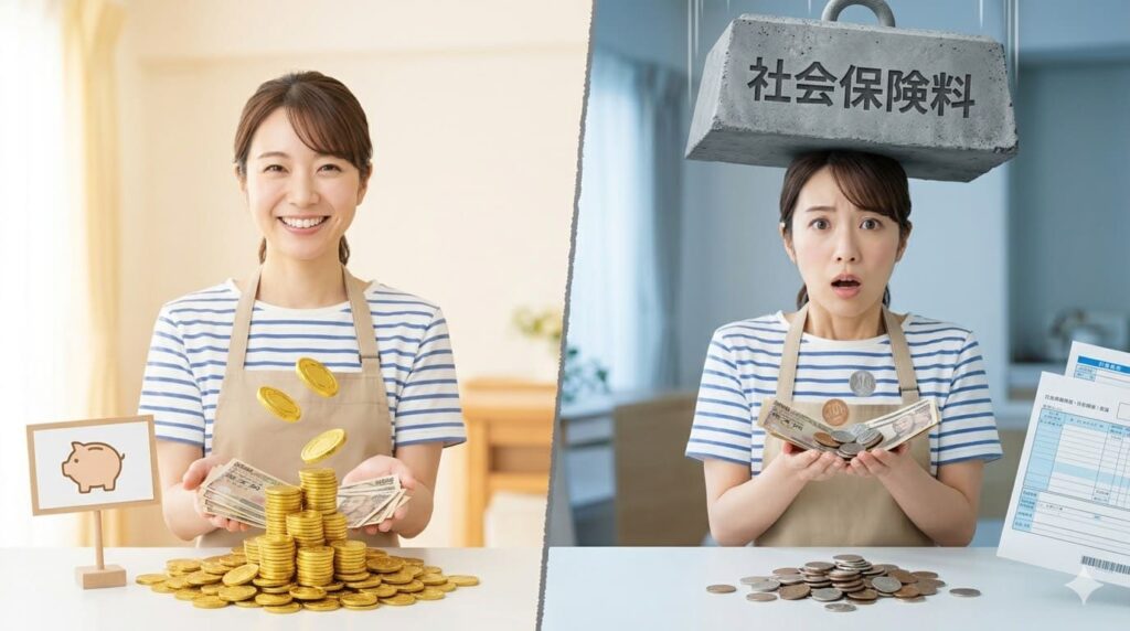 社会保険の壁による手取りの逆転現象を視覚化した写真。左側は笑顔で多くのコインを受け取り、右側は社会保険料という大きな重荷によってコインが激減している。