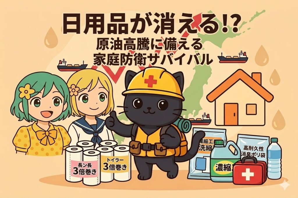 物流停止による日用品の品薄と「原油高騰に備える家庭防衛サバイバル」の重要性を伝えるアイキャッチ画像。不安げな緑髪の女性、驚く制服姿の金髪女性、防災装備の黒猫、そして3倍巻きトイレットペーパーや洗剤などの備蓄品が描かれている。背景には日本地図と原油価格上昇を示すグラフがある。アニメ調のイラスト。