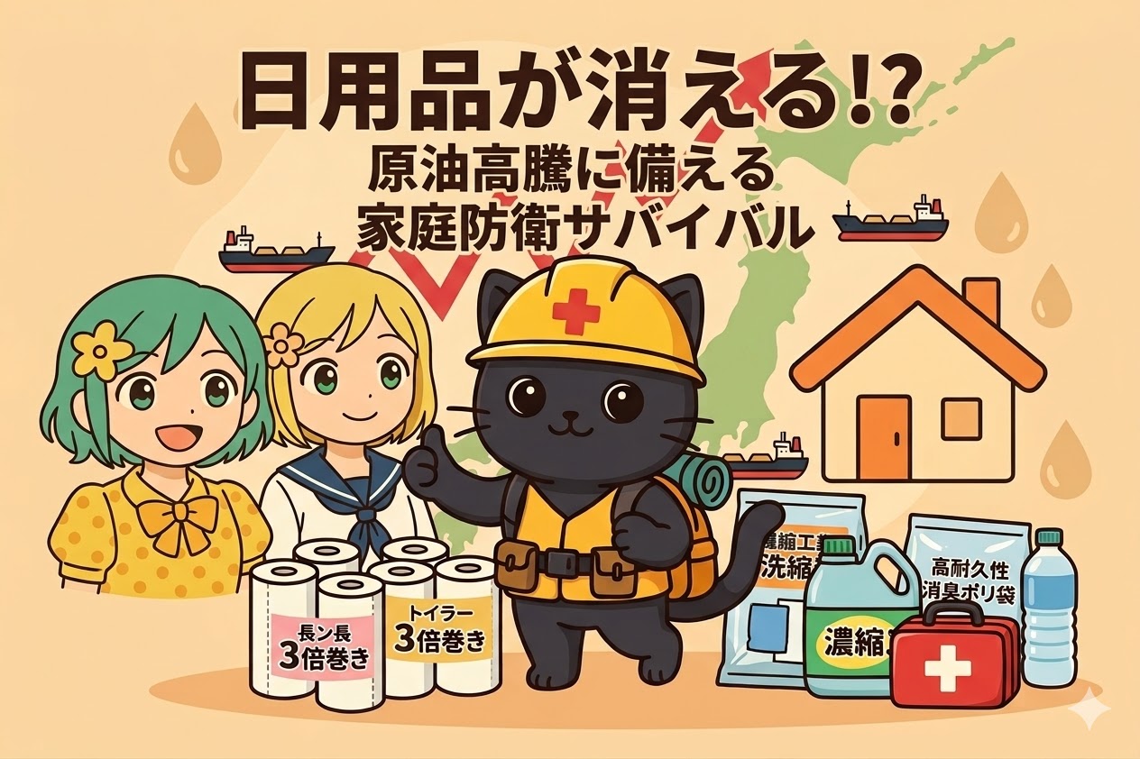 物流停止による日用品の品薄と「原油高騰に備える家庭防衛サバイバル」の重要性を伝えるアイキャッチ画像。不安げな緑髪の女性、驚く制服姿の金髪女性、防災装備の黒猫、そして3倍巻きトイレットペーパーや洗剤などの備蓄品が描かれている。背景には日本地図と原油価格上昇を示すグラフがある。アニメ調のイラスト。