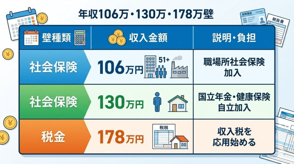 日本のパートタイマー向けの年収の壁（106万、130万、178万）を整理したインフォグラフィック表。壁の種類、金額、内容（負担）を一目で把握できる。