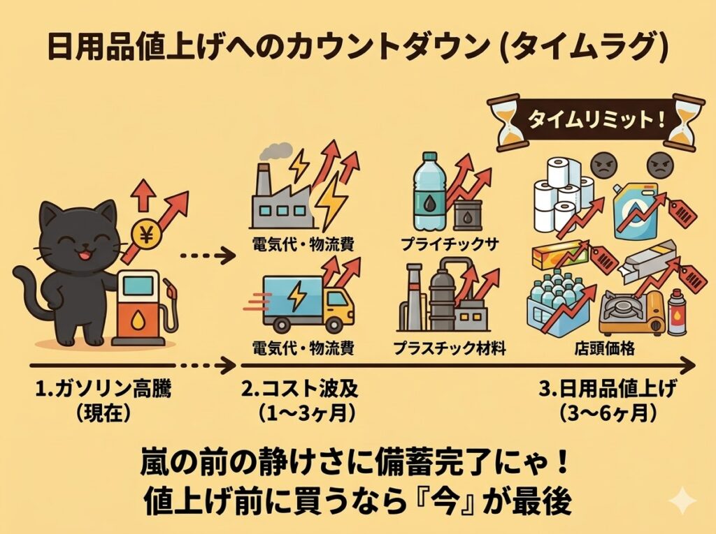 ガソリン高騰から日用品値上げまでの3〜6ヶ月のタイムラグを、物流・製造コストの上昇プロセスと共に図解したタイムライン画像。